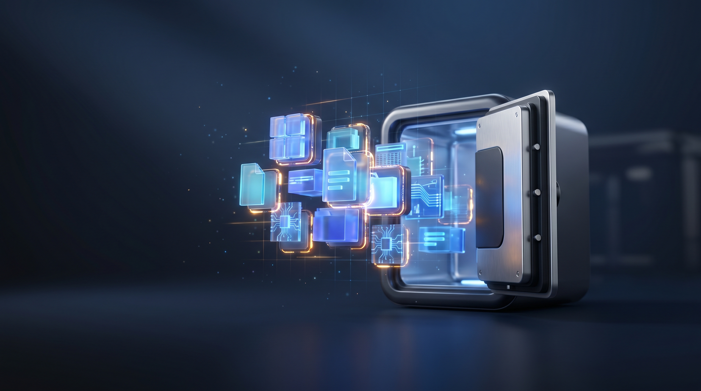 An open vault releasing a portable package of files, symbolizing data portability and no lock-in