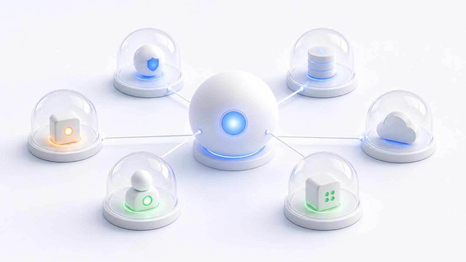 Central governance core with isolated edge nodes sealed in protective bubbles.