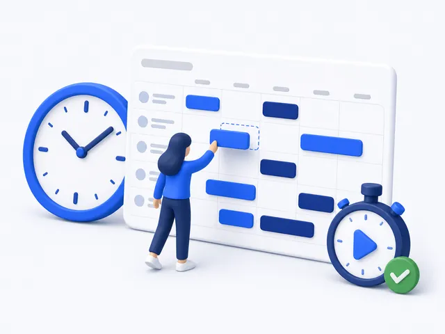 A clock and a weekly timesheet, with a person dragging a block of time into place