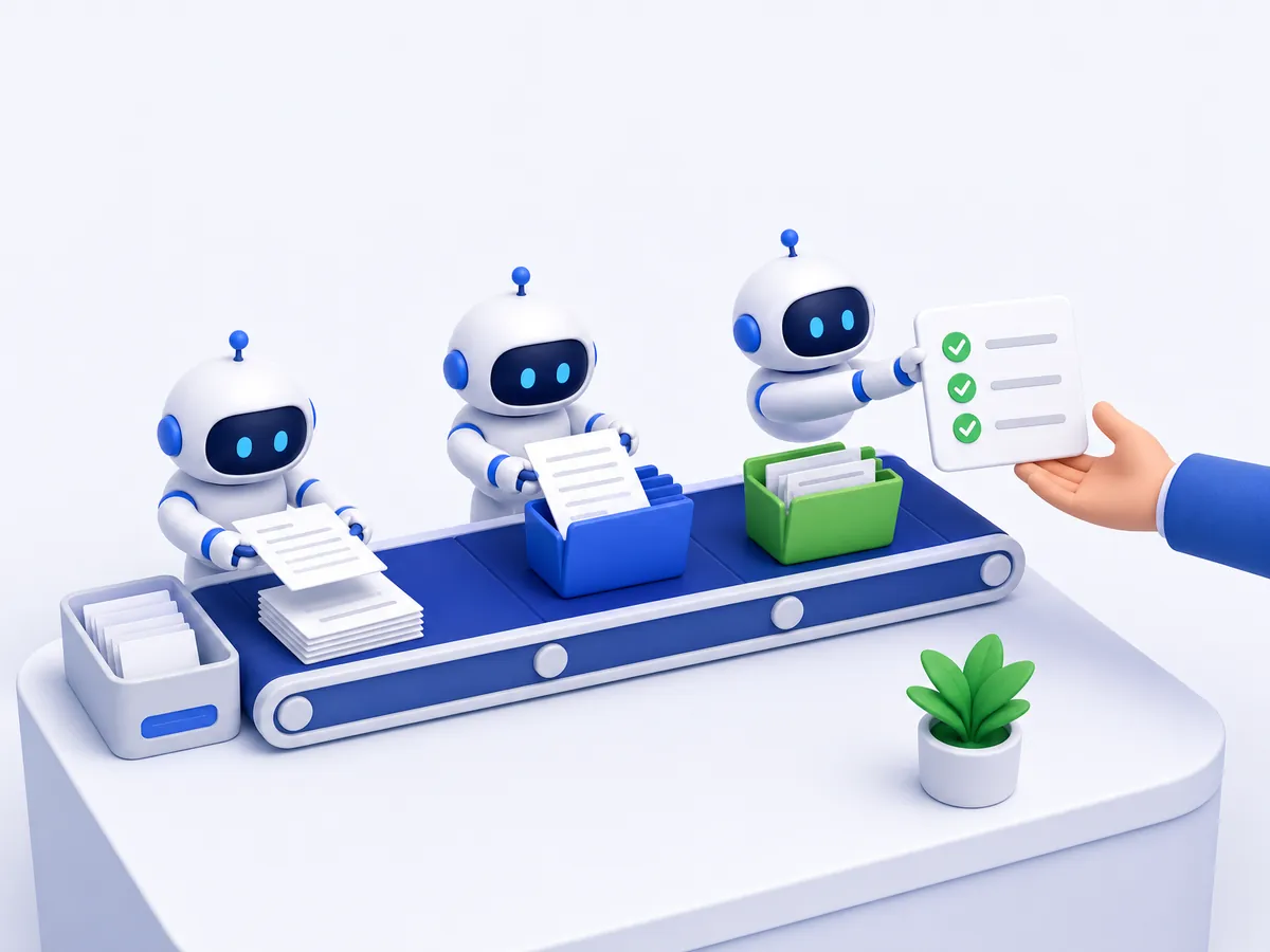 Illustration: small robot assistants sorting tasks and handing a person a short summary with three checkmarks