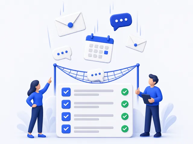Emails, chat messages and meetings all landing on one tidy checklist, with a net catching the one that nearly fell