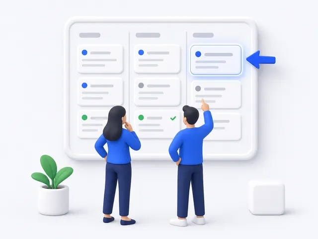Two people at a team board, with the next task highlighted